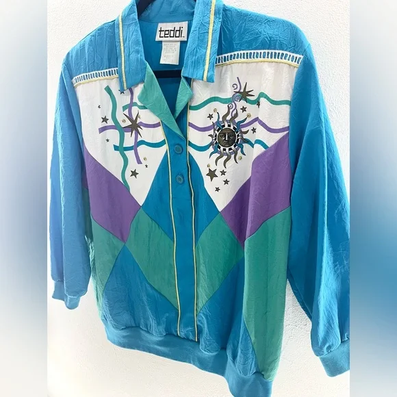 Vintage 80s Teddi Celestial Collared Blouse X Large Moon Stars Turquoise Purple - Picture 5 of 5